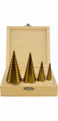 GEKO Vrtáky stupňovté, sada 4ks, 4-12mm, 4-20mm, 4-32mm, 4-39mm, dřevěná kazeta, TiN GEKO