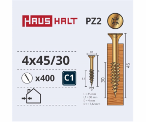 Vruty do dřeva Haushalt, 4 x 45/30 mm, ZN, PZ2, 400 ks.