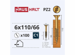 Vruty do dřeva Haushalt, 6 x 110/66 mm, ZN, PZ3, 100 ks.