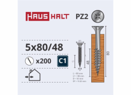 Vruty do dřeva Haushalt, 5 x 80/48 mm, ZN, PZ2, 200 ks.