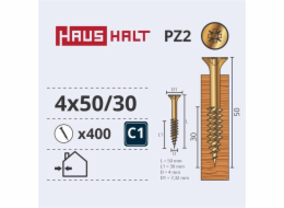 Vruty do dřeva Haushalt, 4 x 50/30 mm, ZN, PZ2, 400 ks.