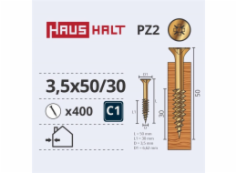 Vruty do dřeva Haushalt, 3,5 x 50/30 mm, ZN, PZ2, 400 ks.