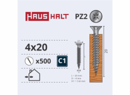 Vruty do dřeva Haushalt, 4 x 20 mm, ZN, PZ2, 500 ks.