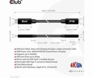 Club3D Prodlužovací kabel USB-C, 5Gbps 60W(20V/3A), 4K 60...