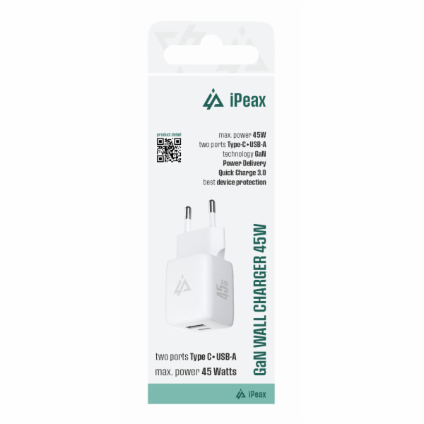 iPEAX GaN SÍŤOVÁ NABÍJEČKA 45W (USB-C + USB-A) BÍLÁ