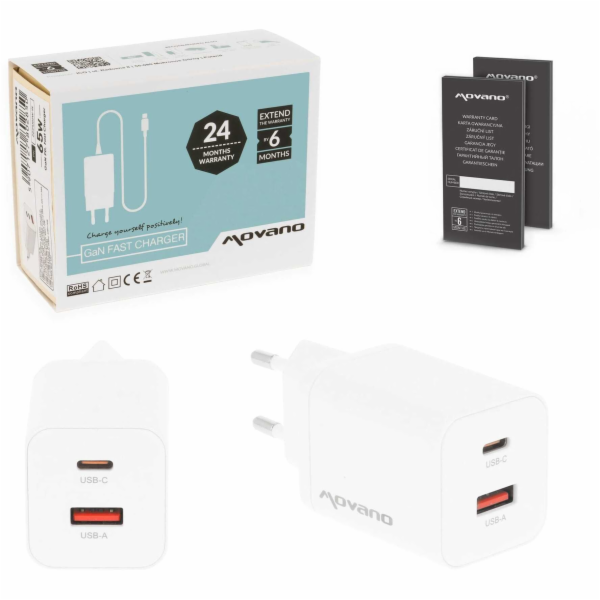 Movano GaN 45W USB-C PD + USB-A nabíječka (bílá)
