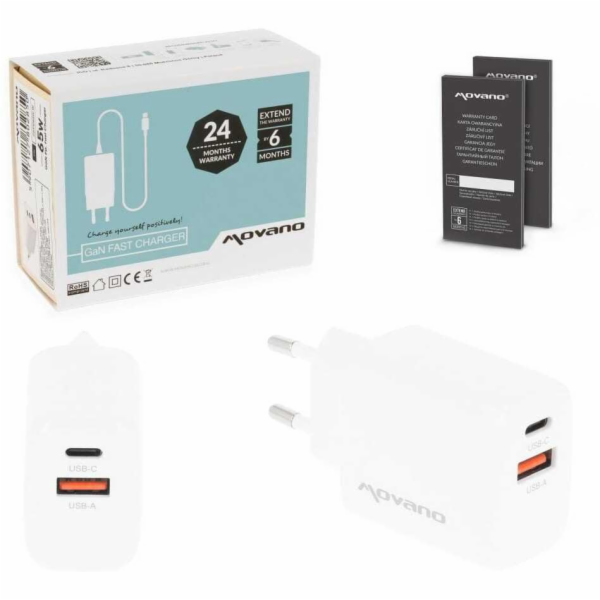 Movano GaN 20W USB-C PD + USB-A nabíječka (bílá)