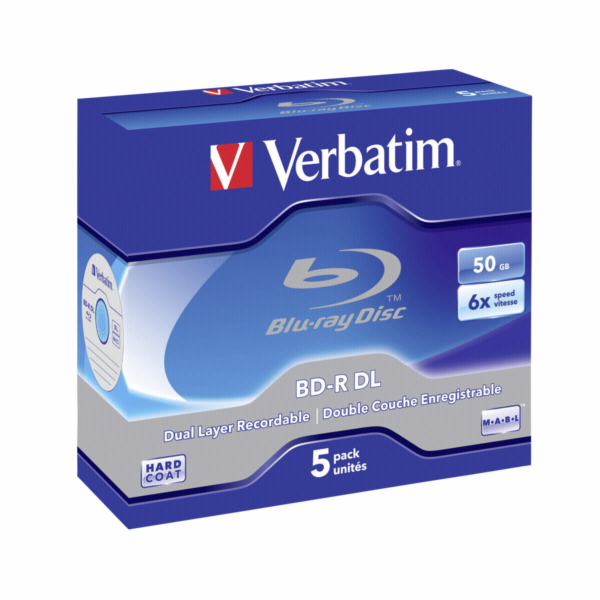 1x5 Verbatim BD-R Blu-Ray 50GB 6x Speed, white blue Jewel...