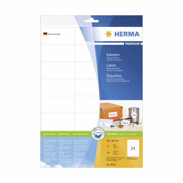 Herma Etikety 70x36 bila matna 10 listu DIN A4 240 kusu 8638