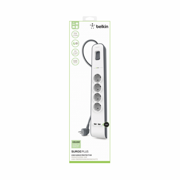 Belkin Surge Plus prepetova ochrana, 4-zasuvkovy+ 2xUSB 2,4A