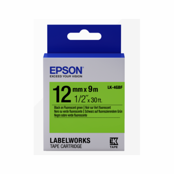 Epson Label Cartridge Fluorescent LK-4GBF Black/Green 12m...
