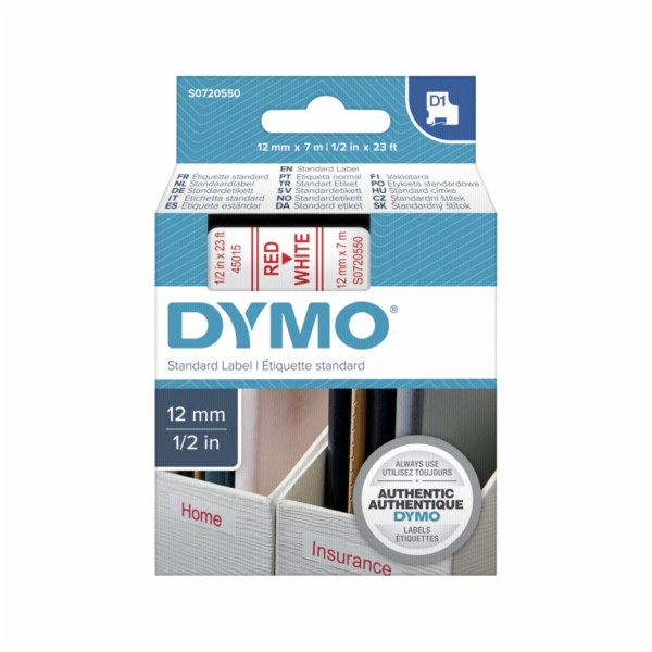 Dymo D1 paska 12 mm x 7 m cervena na bile 45015