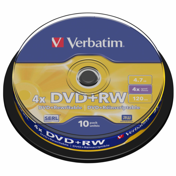 1x10 Verbatim DVD+RW 4,7GB 4x Speed, matny stribrna Cakebox