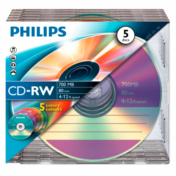 1x5 Philips CD-RW 80Min 700MB 4-12x SL Colour