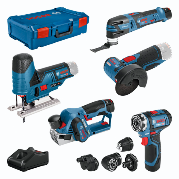 5dílná sada nářadí Bosch 12V, GSR + GOP + GHO + GWS + GST