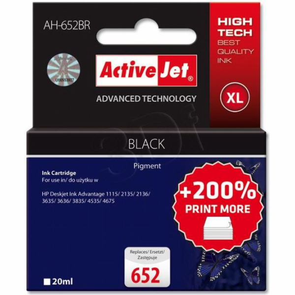 ActiveJet ink HP 652 F6V25AE regenerated AH-652BR  20ml