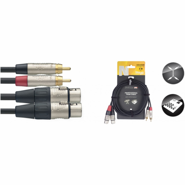 Stagg NTC3CMXFR, kabel 2x RCA samec - 2x XLR samice, 3m