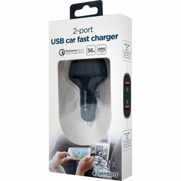 Nabíječka do auta Gembird 2X USB, QC 3.0, 36W, ČERNÁ