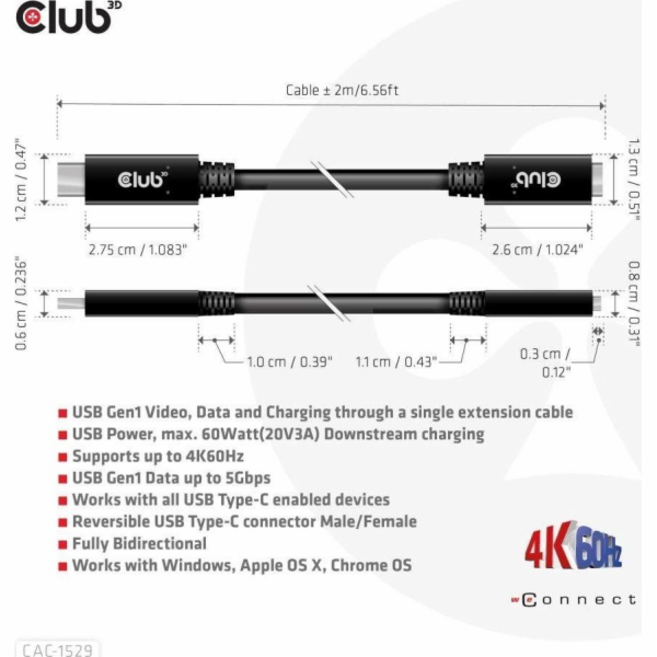 Club3D Prodlužovací kabel USB-C, 5Gbps 60W(20V/3A), 4K 60...