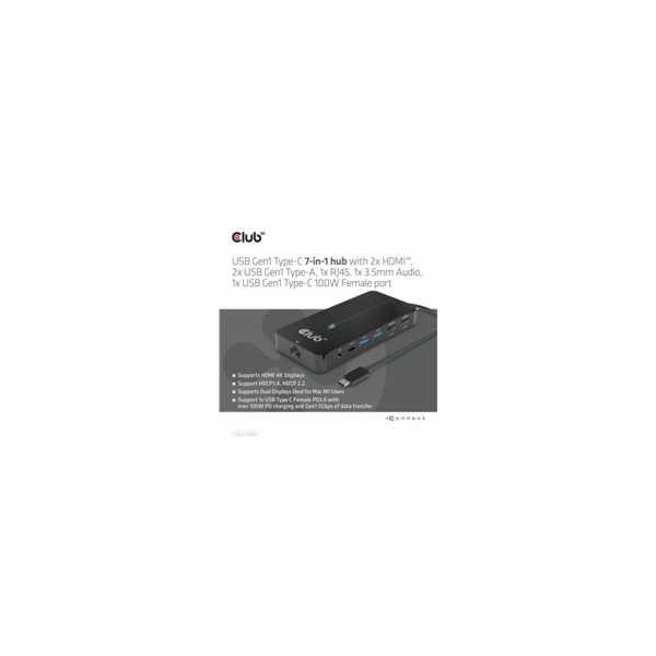 Club3D hub USB-C, 7-in-1 hub s 2x HDMI, 2x USB Gen1 Type-...
