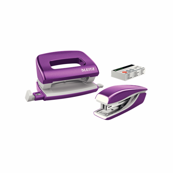 LEITZ Set mini sešívačky a děrovačky  WOW, purpurová