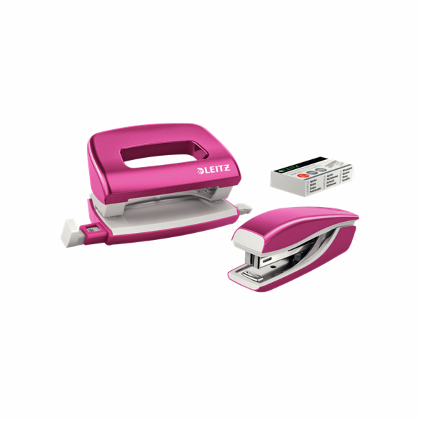 LEITZ Set mini sešívačky a děrovačky  WOW, metalická růžová
