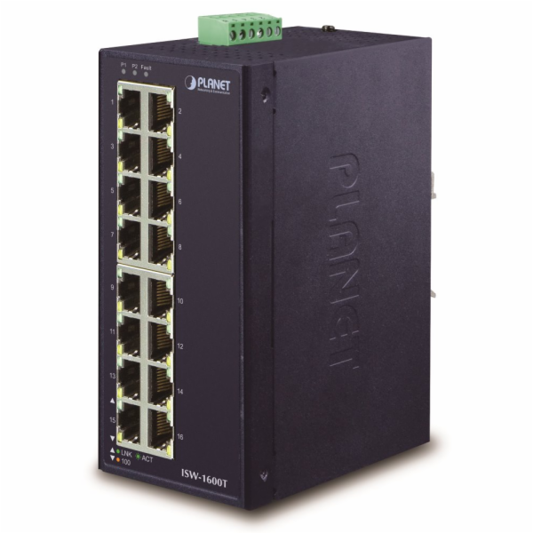 Planet ISW-1600T, 16x 10/100, DIN,IP30, -40~75°C, 12-48VD...