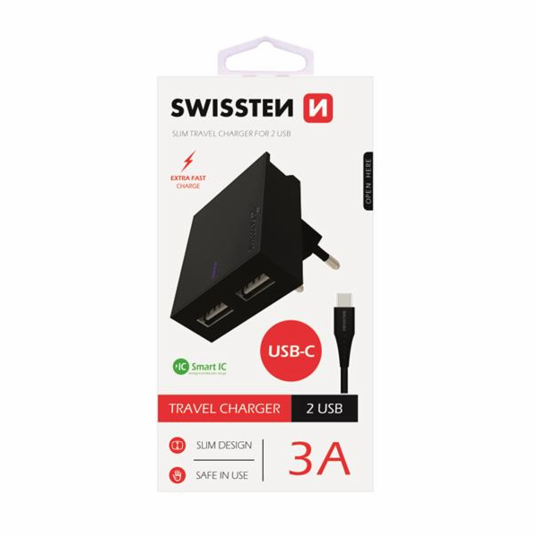 Nabíječka cestovní SWISSTEN 2x USB, IC, 3A, + USB-C kabel...