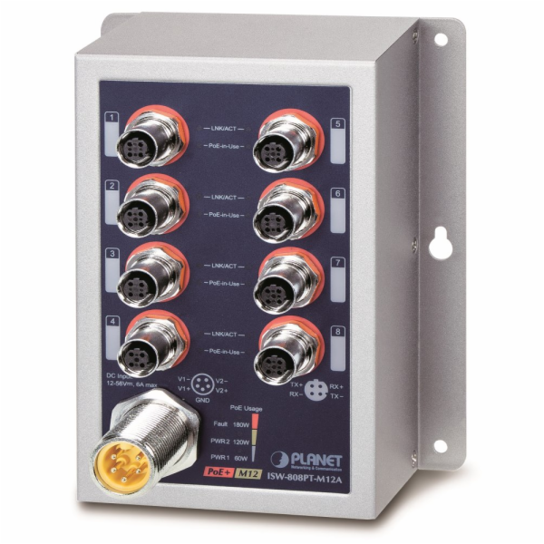 Planet Průmyslový PoE switch 8x 100Mb, PoE 802.3at 36W/18...