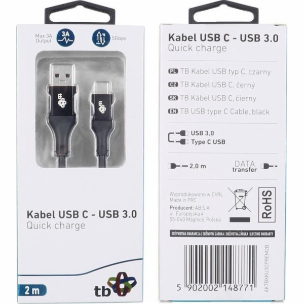 USB TB TB kabel USB 3.0 - USB C kabel 2m PREMIUM 3A černý...