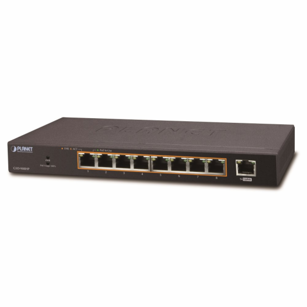 Planet PoE switch 1Gbps, 9xTP, 8xPoE 802.3at 30W/120W, fa...