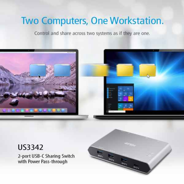 Aten 2-Port USB-C Gen 2 Sharing Switch with Power Pass-th...