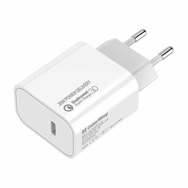 COLORWAY 1x USB-C/ síťová nabíječka/ 20W/ 100V-240V/ Bílá