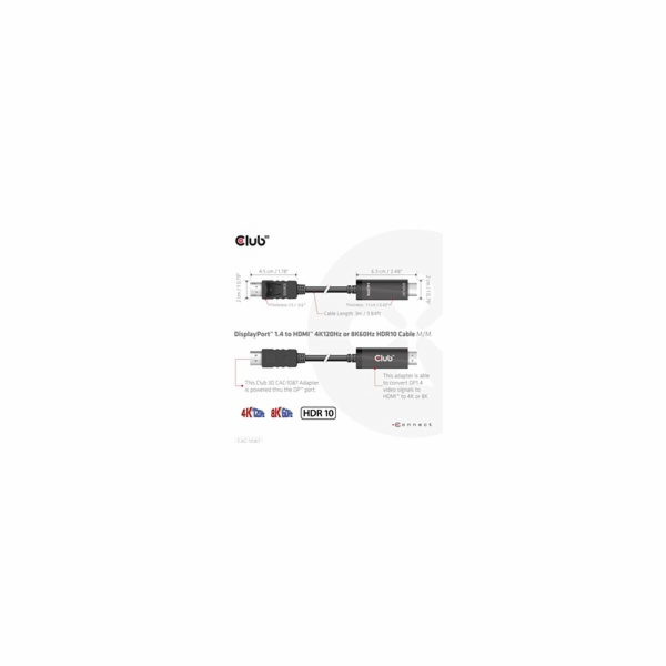 Club3D kabel DP 1.4 na HDMI, 4K120Hz nebo 8K60Hz HDR10, M...
