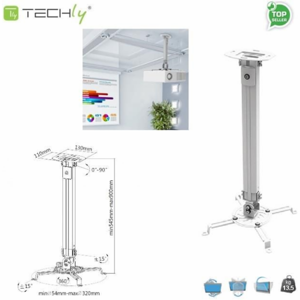 Technicky nastavitelný držák projektoru 55-90 cm, stropní...