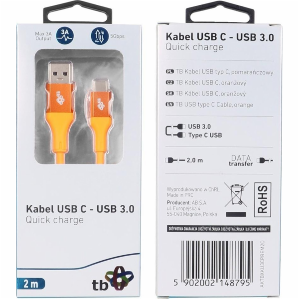 USB 3.0 - USB C kabel 2m PREMIUM 3A oranžový TPE