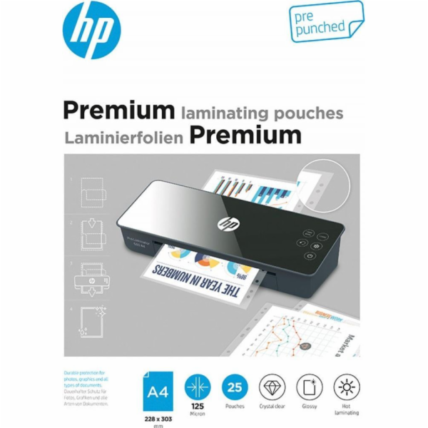 HP Premium Laminating pouches A4 pre punched, 125 Micron
