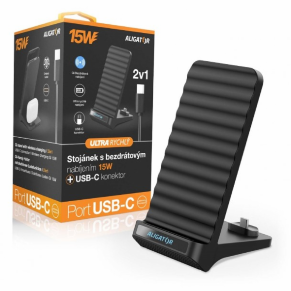 Aligator Stojánek s bezdrátovým nabíjením 15W a USB-C kon...