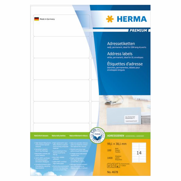 Herma Labels Premium A4, bílý, matný papír, 1400 ks, zaob...