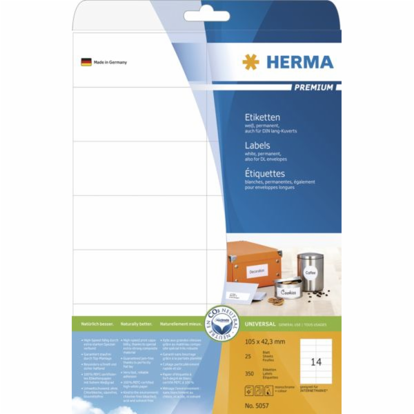 Herma Labels Premium 5057, A4, bílá, 105 x 42,3 mm, matný...