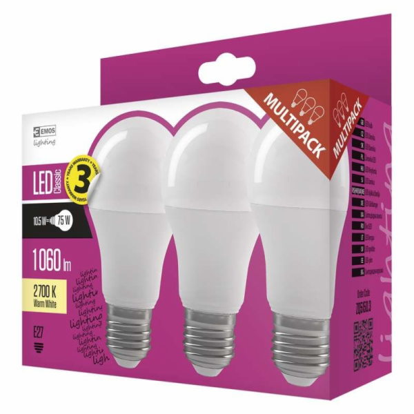 EMOS LED ŽÁROVKA CLASSIC A60 10,5W(75W) 1060lm E27 WW 3PC