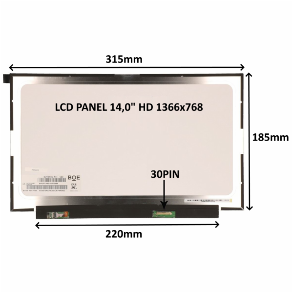 LCD PANEL 14,0" HD 1366x768 30PIN MATNÝ / BEZ ÚCHYTŮ