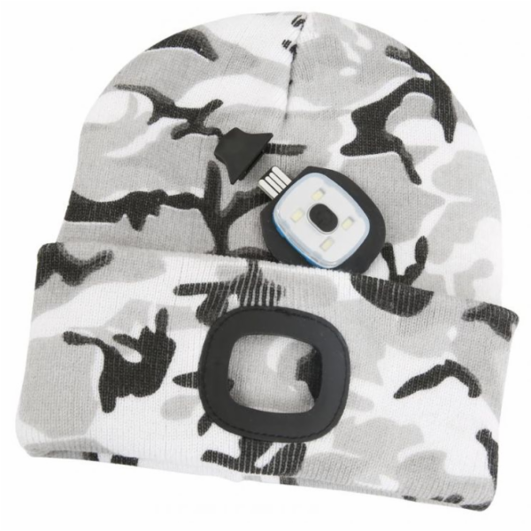 Čepice s čelovkou LED maskáčová šedá (USB nabíjení)