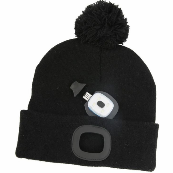 Čepice s čelovkou LED černá s bambulí (USB nabíjení)