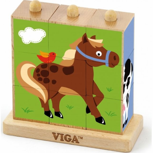 Dřevěné puzzle kostky na stojánku Viga Farma