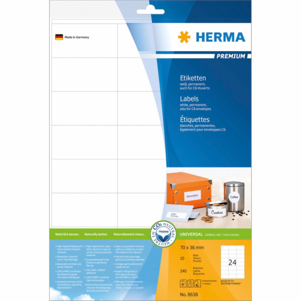 Herma Etikety 70x36 bila matna 10 listu DIN A4 240 kusu 8638