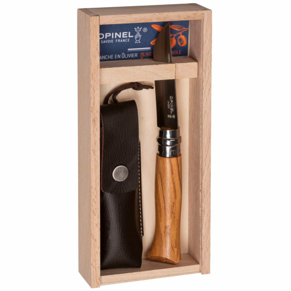 Opinel Taschenmesser No. 08 in Holzbox ink. Etui, Olivenholz