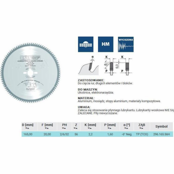 CMT 296,165,56H SAW HW D = 165 F = 20 Z = 56