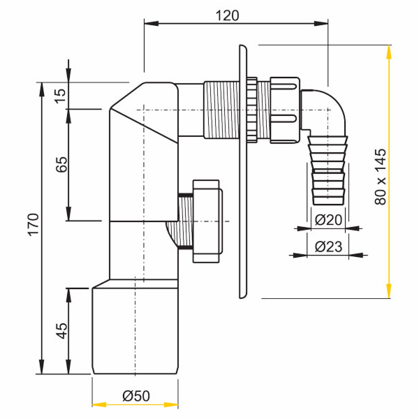 Sifon pračky plast bílý(podomítkový) APS4