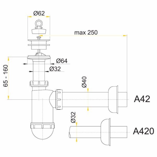 Sifon umyvadla DN40, mřížka plast pr.63 A42